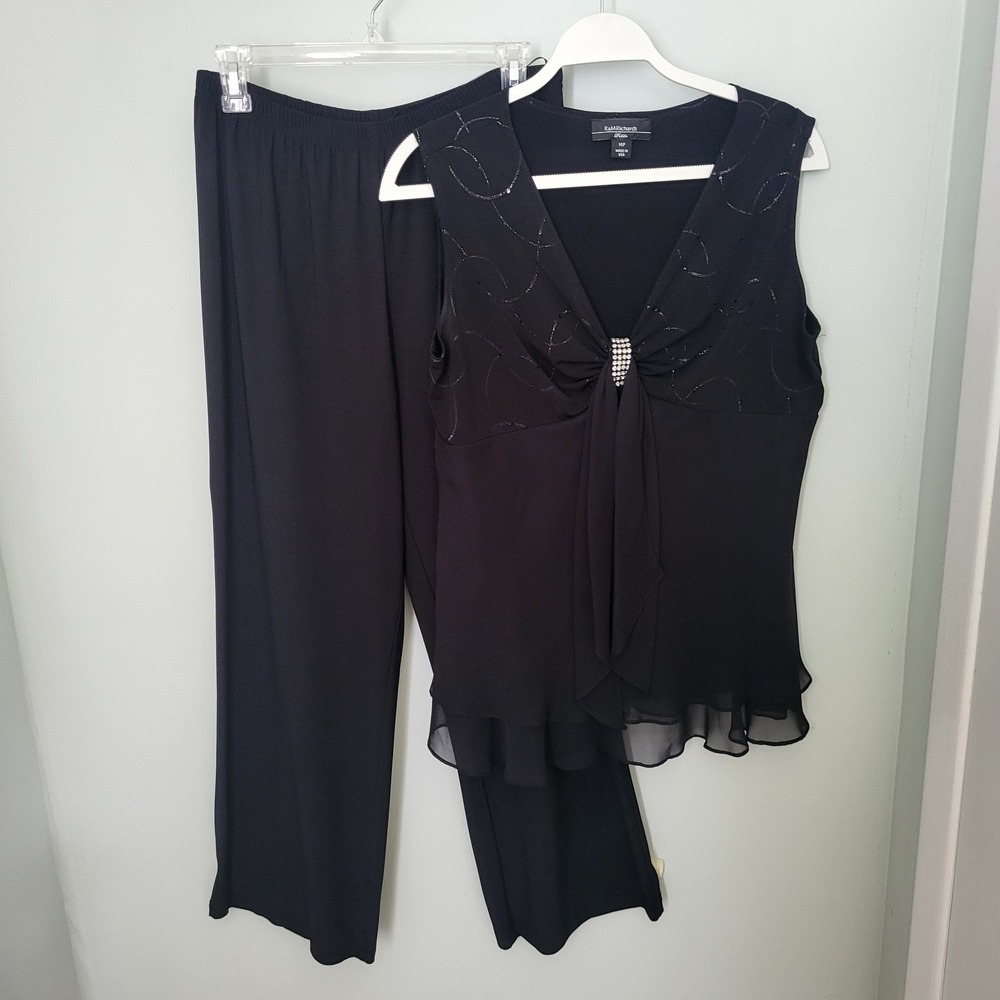 R&M Ricards 14 PETITE 14P Black Pantsuit Wedding Evening Cocktail Rhinestone